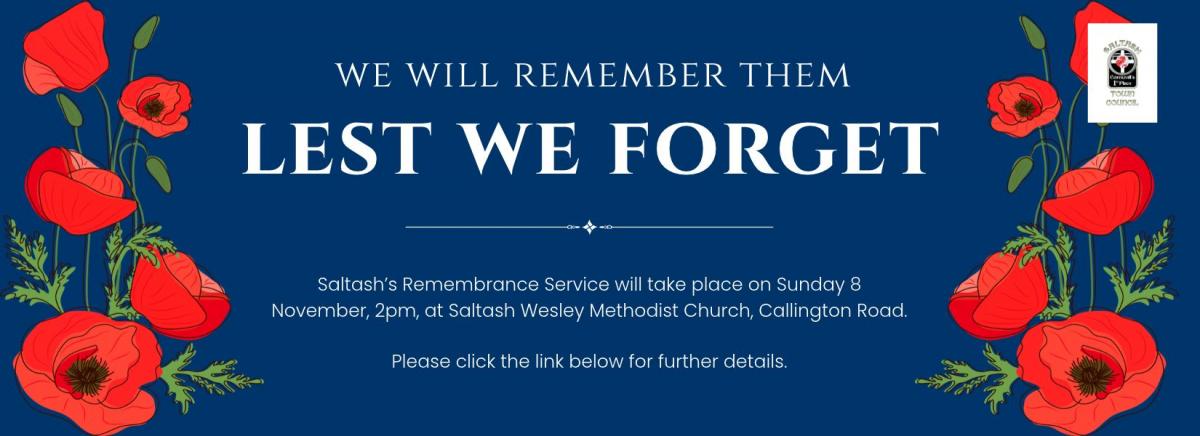 We will remember them. Lest we forget. Saltash’s Remembrance Service will take place on Sunday 8 November, 2pm, at Saltash Wesley Methodist Church, Callington Road. Please click the link be